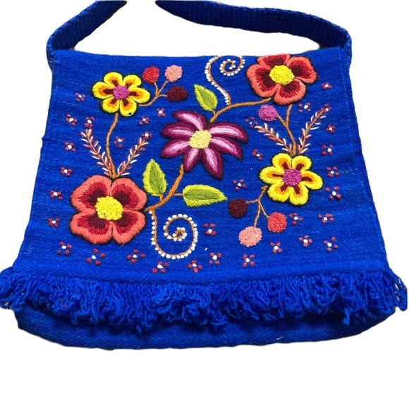 Colorful Botanical Embroidered Royal Blue Woven Crossbody Messenger Festival Bag - Picture 16 of 16